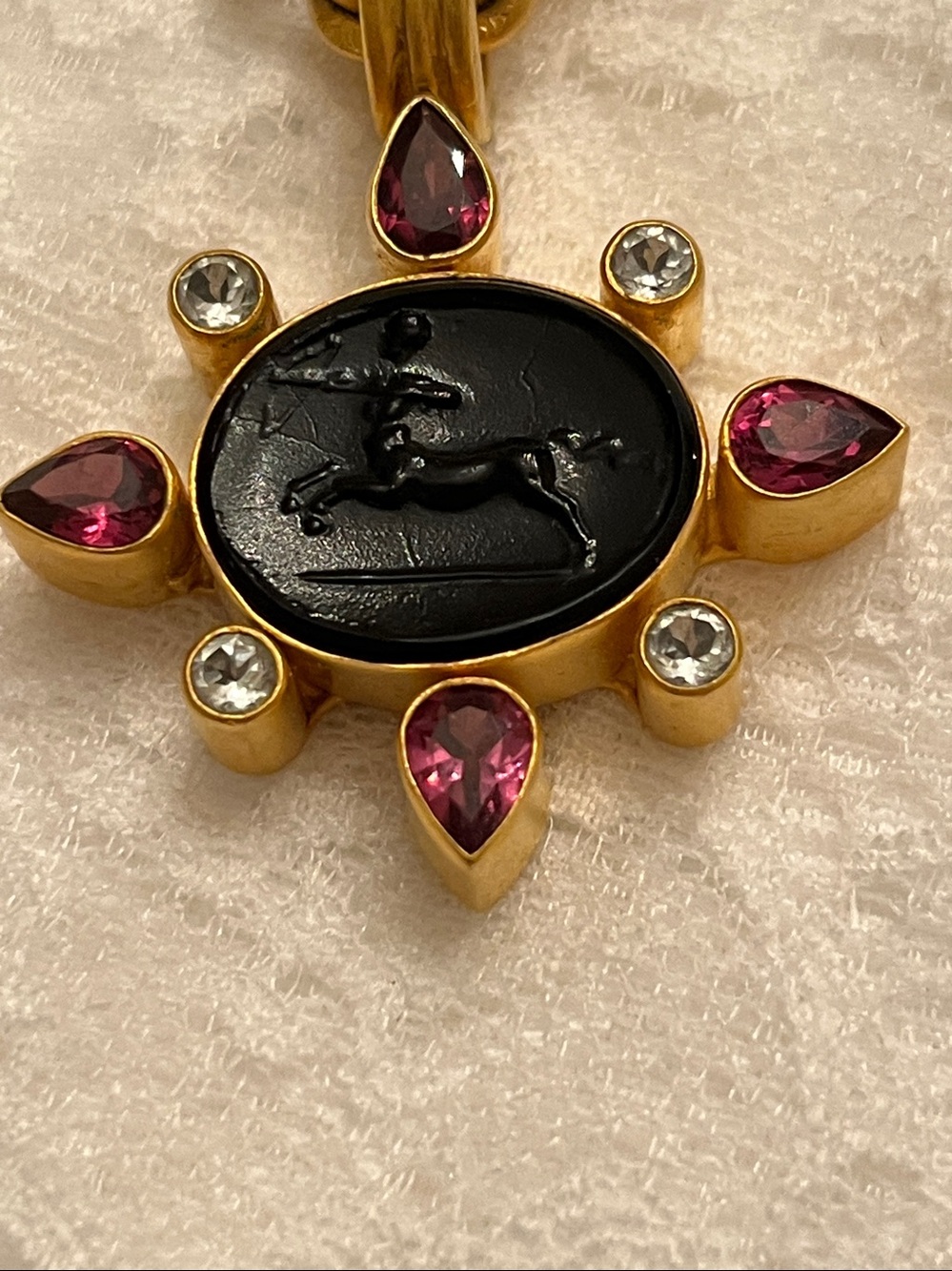 Dina Macknay Gold-Tone Necklace with Black Intaglio and Pink Teardrop Accents